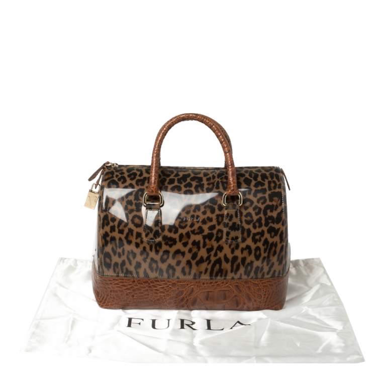 Pre Owned Furla Brown Leopard Print Rubber and Croc Embossed Leather Medium Candy Satchel
