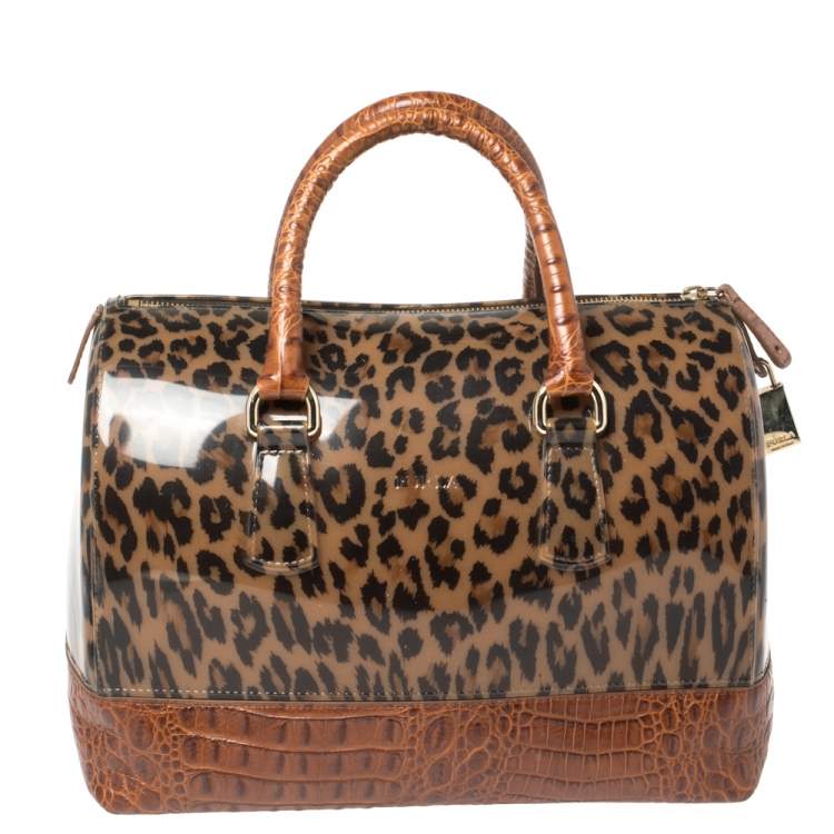 Pre Owned Furla Brown Leopard Print Rubber and Croc Embossed Leather Medium Candy Satchel