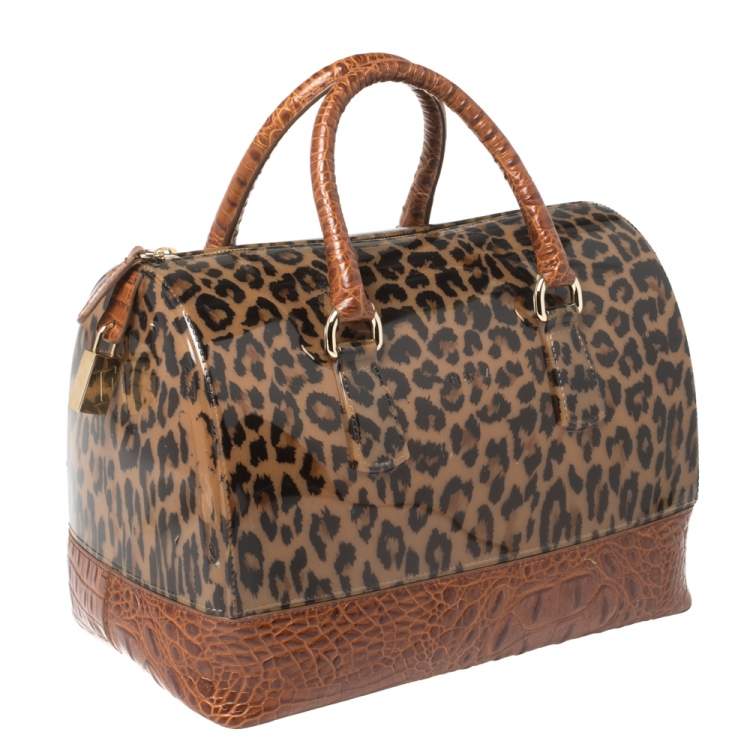 Pre Owned Furla Brown Leopard Print Rubber and Croc Embossed Leather Medium Candy Satchel