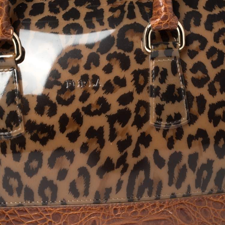 Pre Owned Furla Brown Leopard Print Rubber and Croc Embossed Leather Medium Candy Satchel