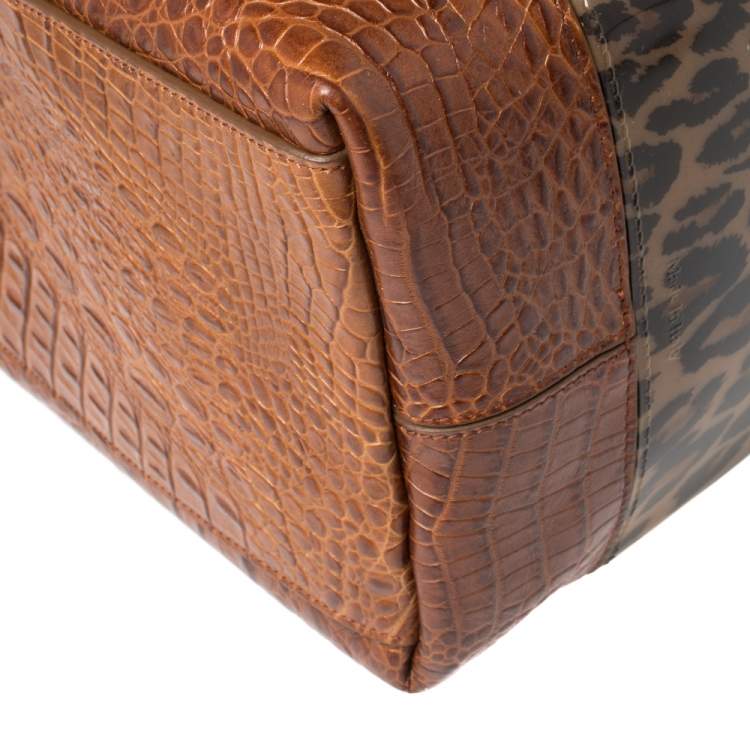 Pre Owned Furla Brown Leopard Print Rubber and Croc Embossed Leather Medium Candy Satchel