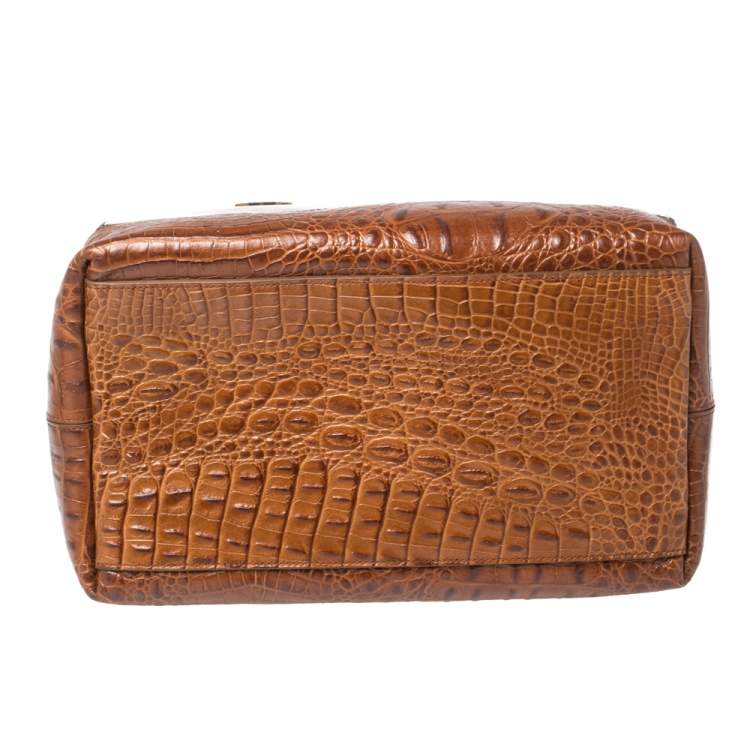 Pre Owned Furla Brown Leopard Print Rubber and Croc Embossed Leather Medium Candy Satchel