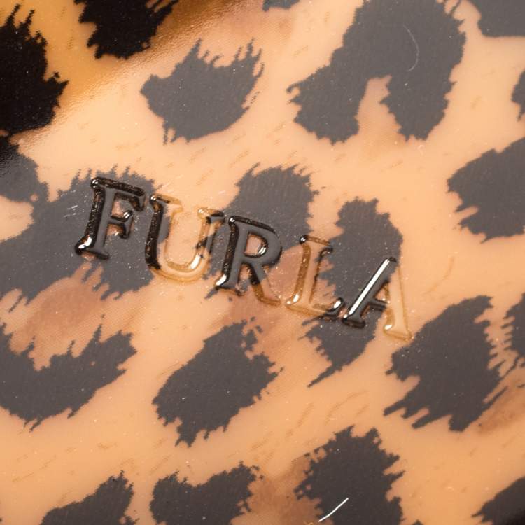 Pre Owned Furla Brown Leopard Print Rubber and Croc Embossed Leather Medium Candy Satchel