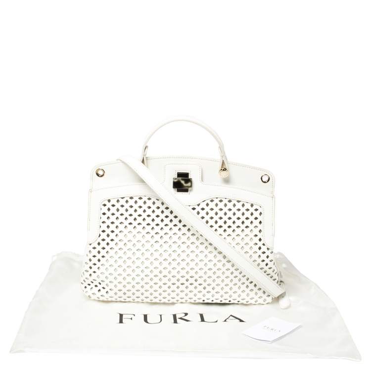 مملوكة مسبقًا Furla White Leather Piper Perforated Top Handle Bag