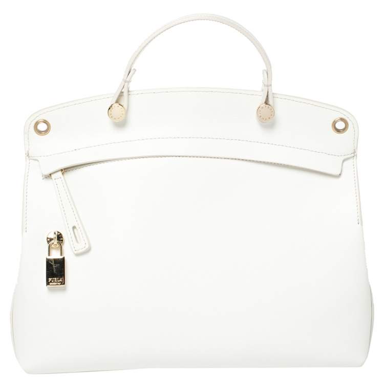 مملوكة مسبقًا Furla White Leather Piper Perforated Top Handle Bag