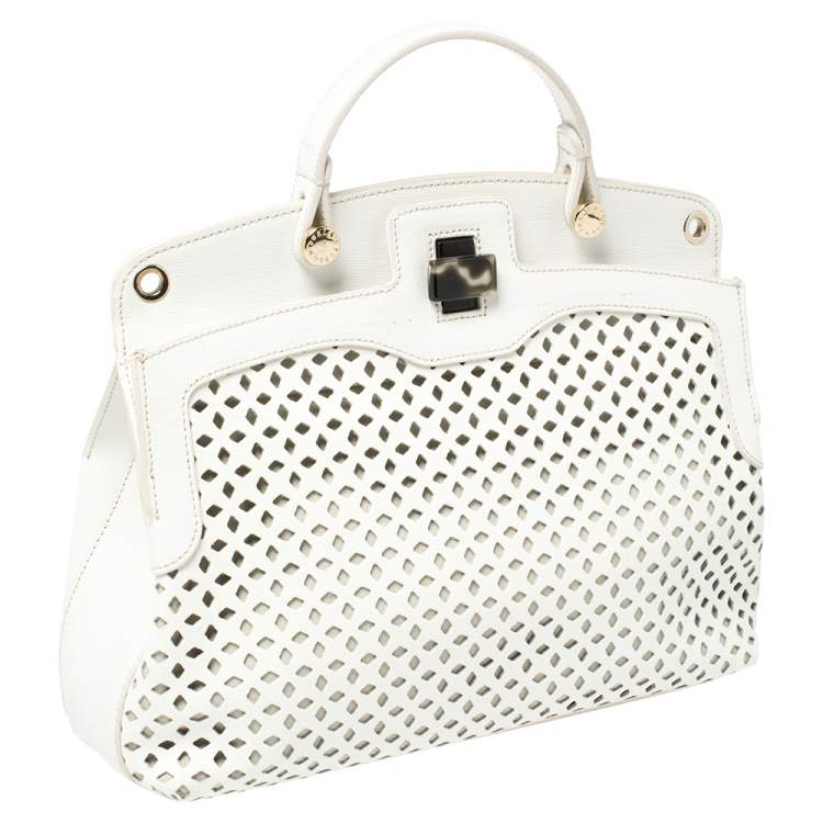 مملوكة مسبقًا Furla White Leather Piper Perforated Top Handle Bag