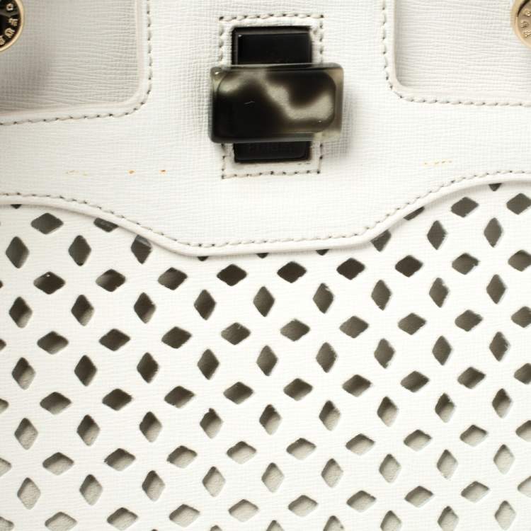 مملوكة مسبقًا Furla White Leather Piper Perforated Top Handle Bag
