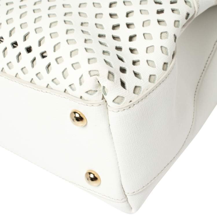 مملوكة مسبقًا Furla White Leather Piper Perforated Top Handle Bag