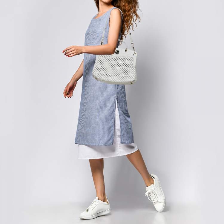 مملوكة مسبقًا Furla White Leather Piper Perforated Top Handle Bag