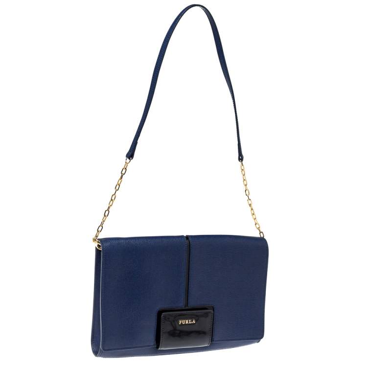 Pre Owned Furla Navy Blue Leather Zizi Chain Clutch