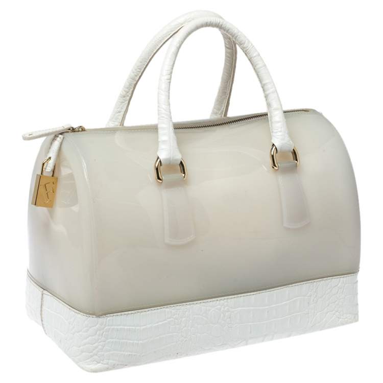 Pre Owned Furla White Rubber and Croc Embossed Leather Medium Candy Satchel