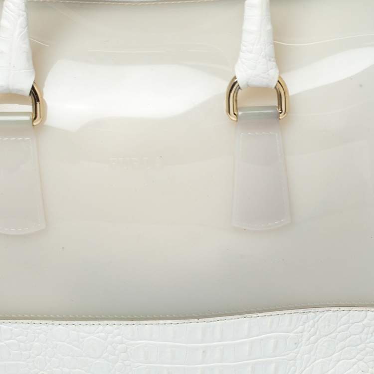Pre Owned Furla White Rubber and Croc Embossed Leather Medium Candy Satchel
