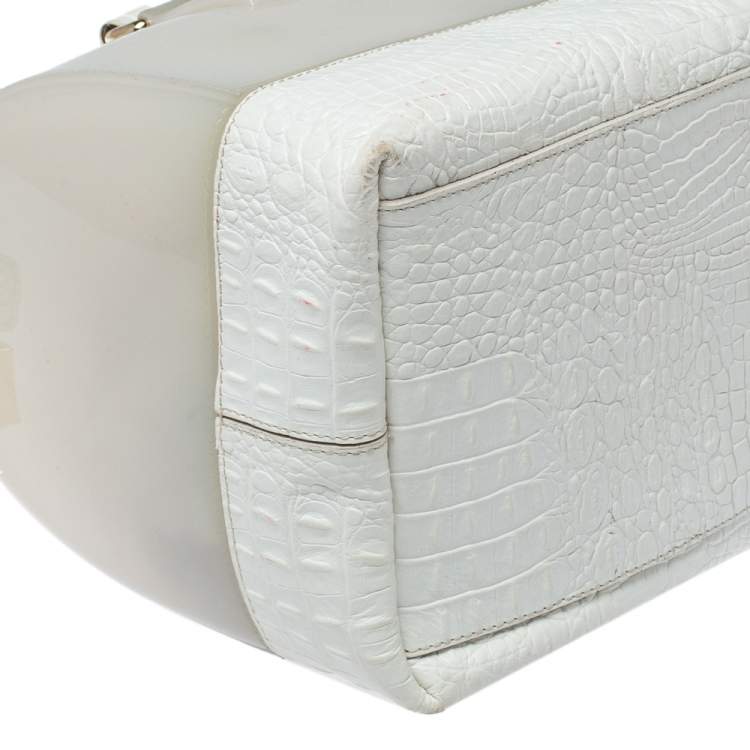Pre Owned Furla White Rubber and Croc Embossed Leather Medium Candy Satchel