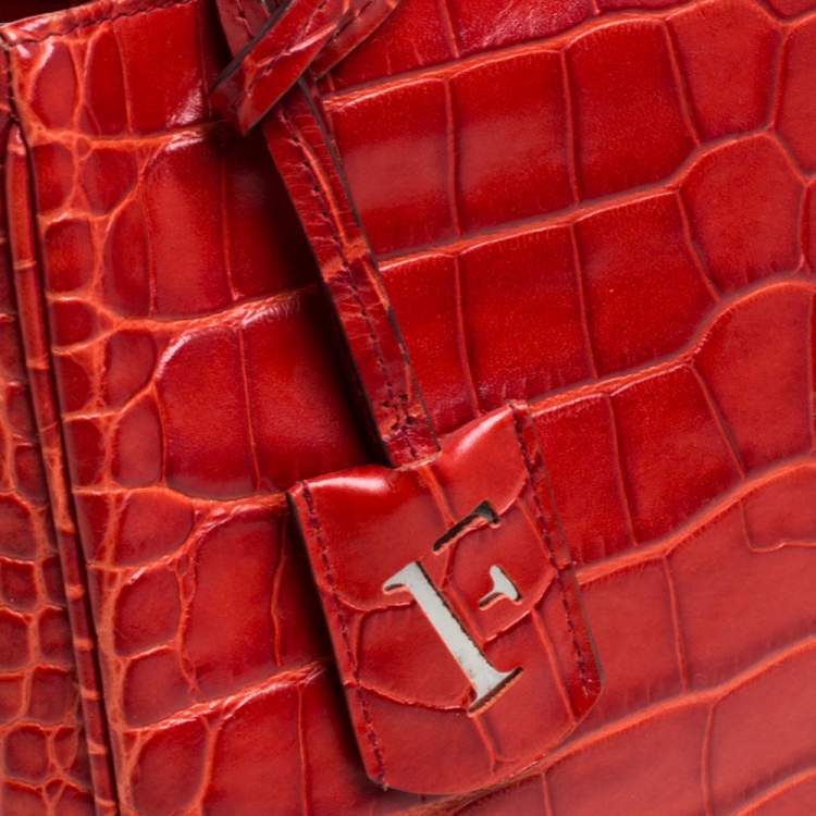 Pre Owned Furla Red Croc Embossed Leather Middle Zip Tote 