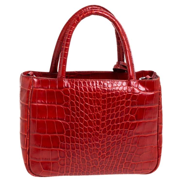Pre Owned Furla Red Croc Embossed Leather Middle Zip Tote 