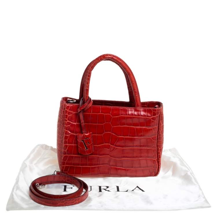 Pre Owned Furla Red Croc Embossed Leather Middle Zip Tote 
