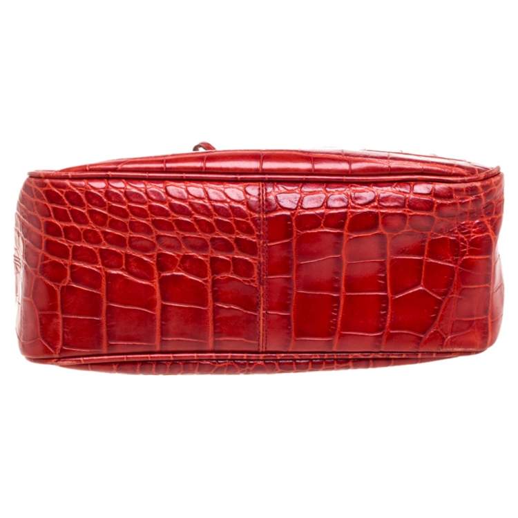 Pre Owned Furla Red Croc Embossed Leather Middle Zip Tote 