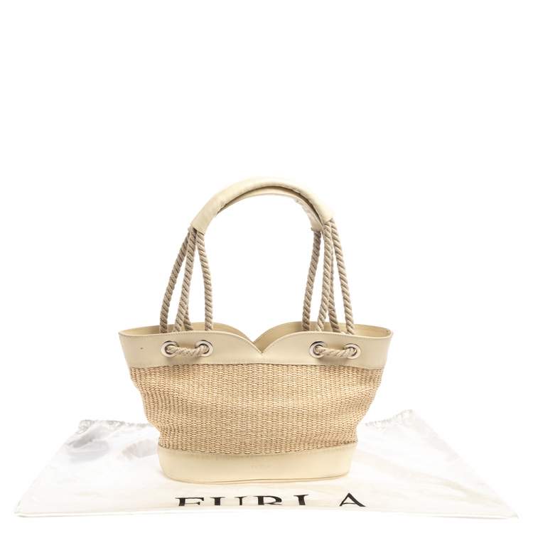 Pre Owned Furla Beige Straw And Leather Beach Tote