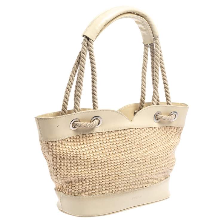 Pre Owned Furla Beige Straw And Leather Beach Tote