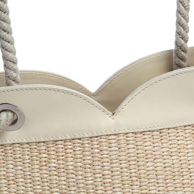 Pre Owned Furla Beige Straw And Leather Beach Tote