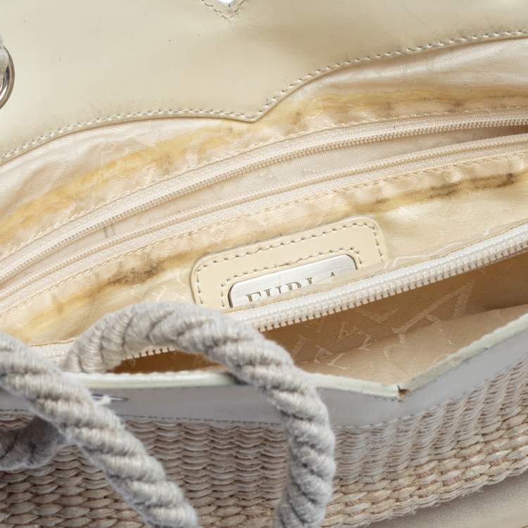 Pre Owned Furla Beige Straw And Leather Beach Tote