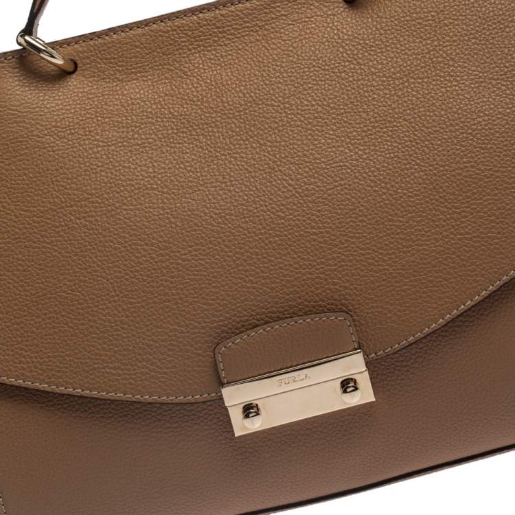 Pre Owned Furla Beige Leather Large Julia Top Handle Bag