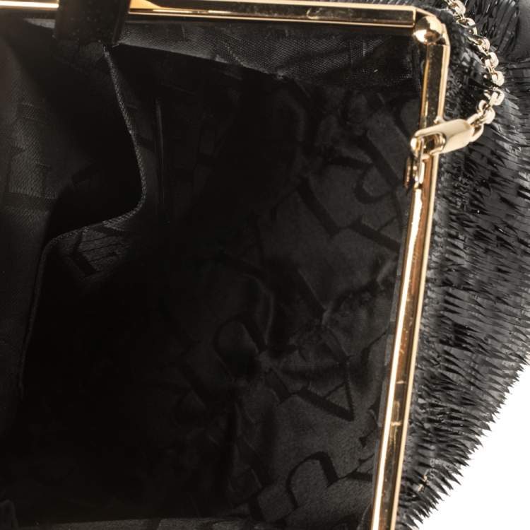 Pre Owned Furla Black Patent and Leather Fringe Chain Clutch
