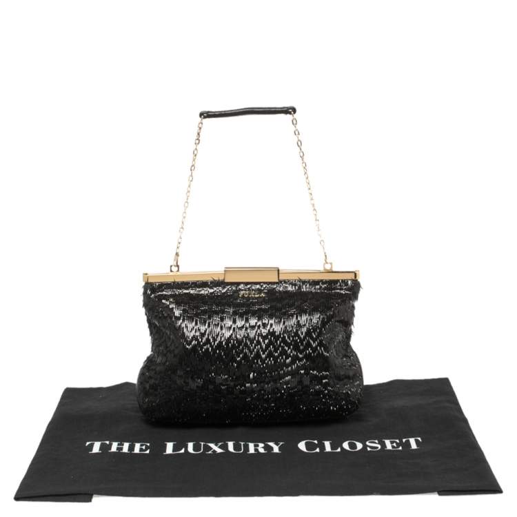 Pre Owned Furla Black Patent and Leather Fringe Chain Clutch