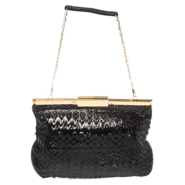 Pre Owned Furla Black Patent and Leather Fringe Chain Clutch