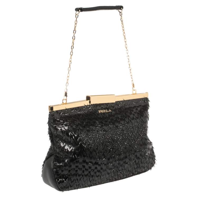 Pre Owned Furla Black Patent and Leather Fringe Chain Clutch