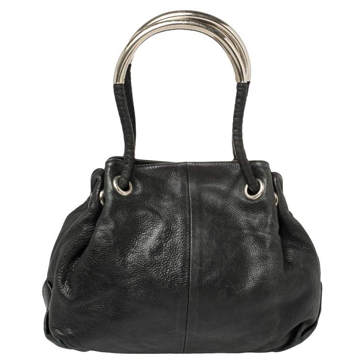 Pre Owned Furla Black Leather Drawstring Metal Handle Shoulder Bag