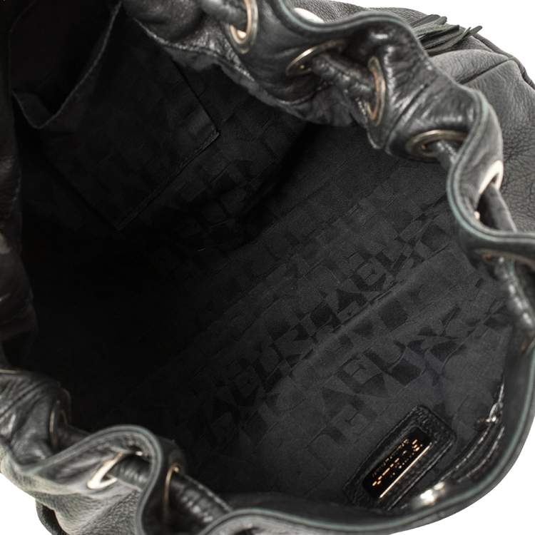 Pre Owned Furla Black Leather Drawstring Metal Handle Shoulder Bag