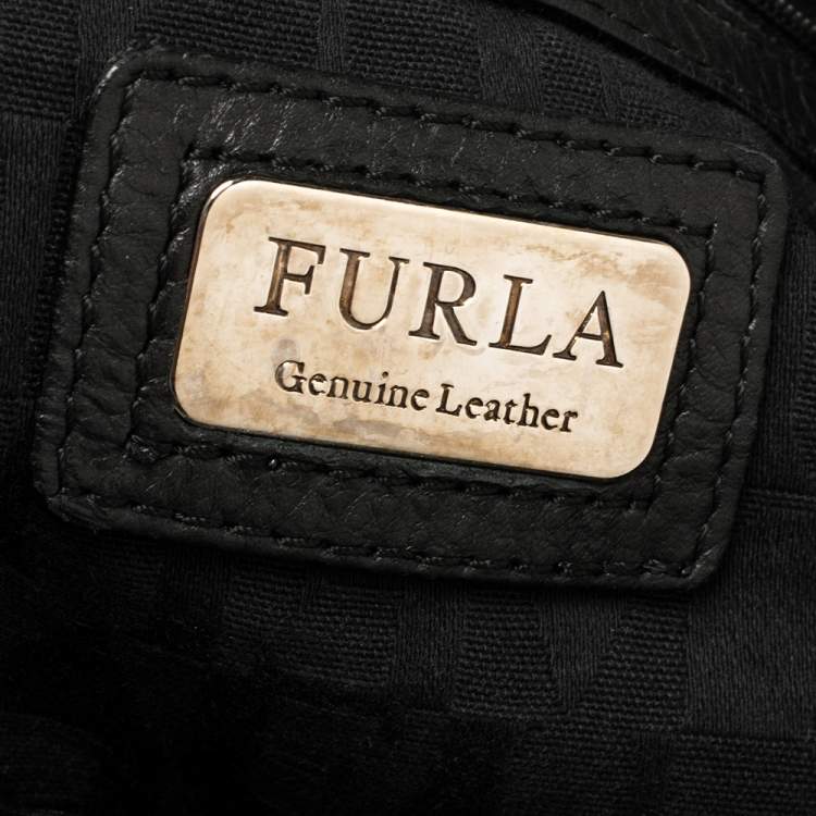 Pre Owned Furla Black Leather Drawstring Metal Handle Shoulder Bag