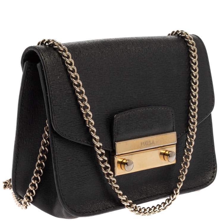 Pre Owned Furla Black Leather Mini Metropolis Crossbody Bag