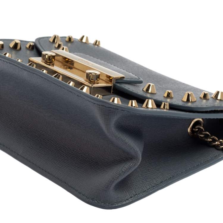 Pre Owned Furla Blue Studded Leather Julia Crossbody Bag
