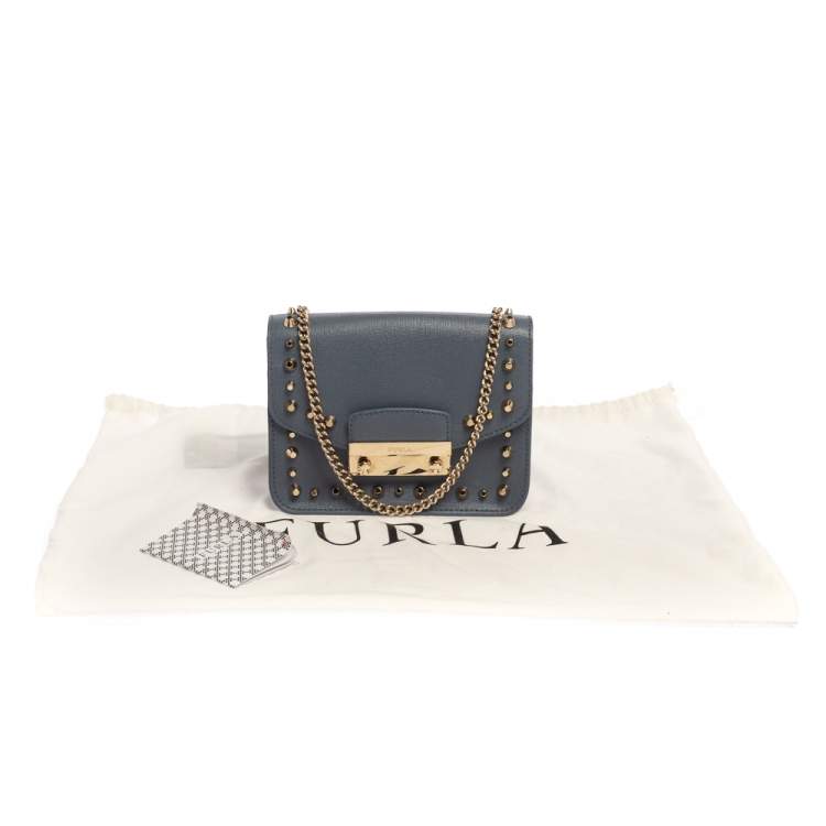 Pre Owned Furla Blue Studded Leather Julia Crossbody Bag