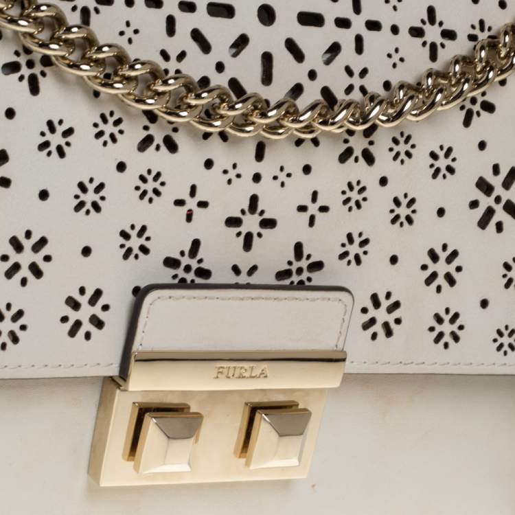 Pre Owned Furla Cream Laser Cut Leather Bella Shoulder Bag