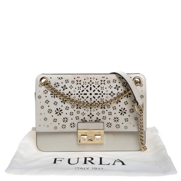 Pre Owned Furla Cream Laser Cut Leather Bella Shoulder Bag