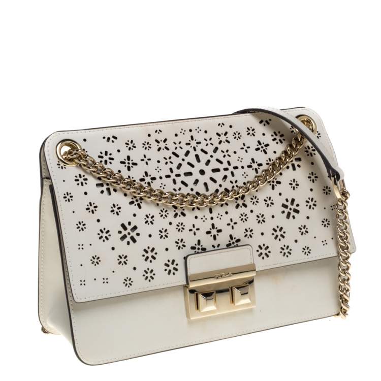 Pre Owned Furla Cream Laser Cut Leather Bella Shoulder Bag