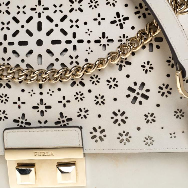 Pre Owned Furla Cream Laser Cut Leather Bella Shoulder Bag