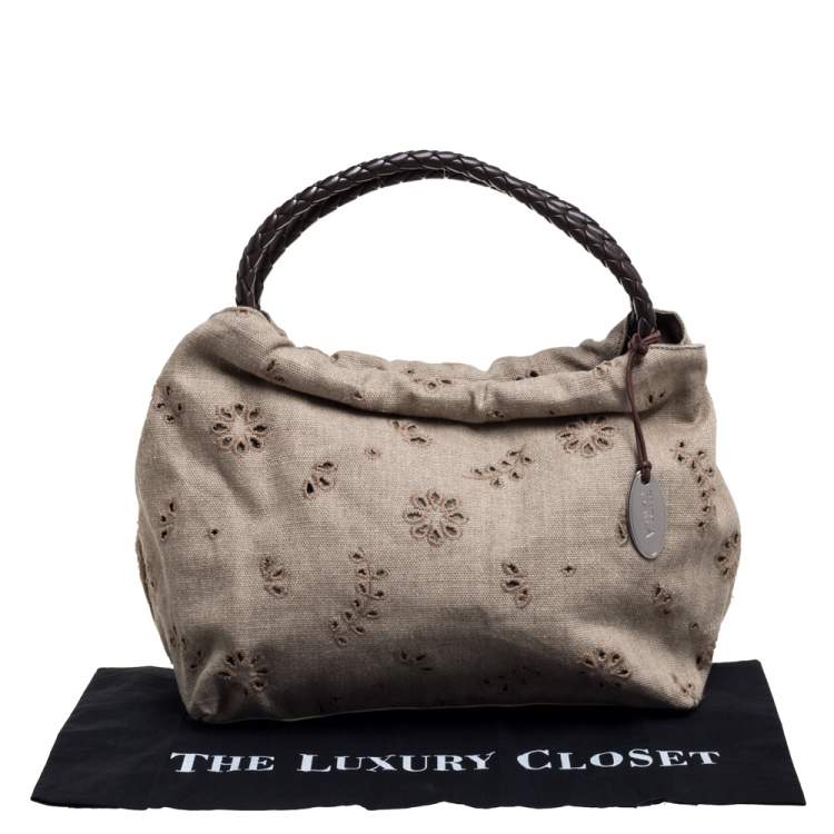 Pre Owned Furla Beige Canvas and Brown Leather Floral Cut Out Shoulder Bag