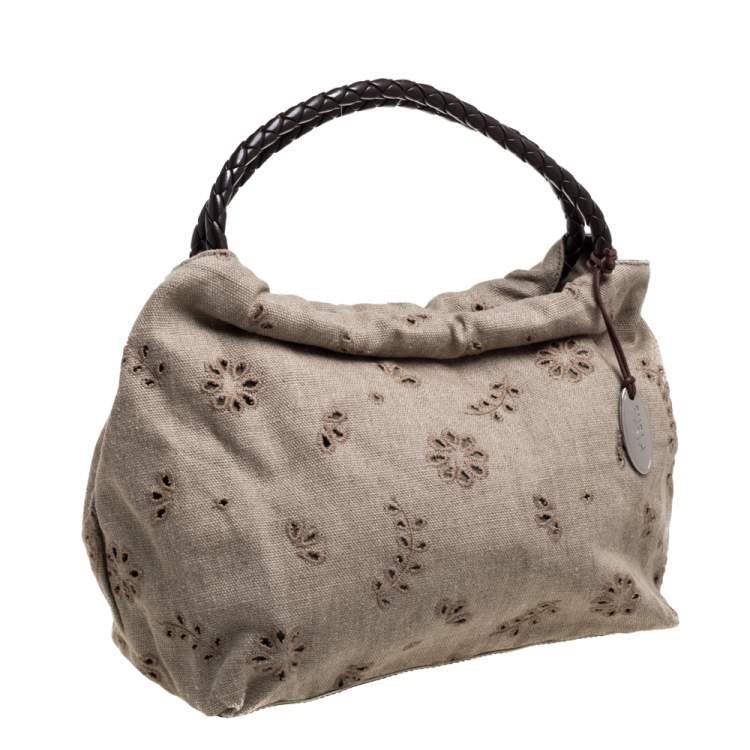 Pre Owned Furla Beige Canvas and Brown Leather Floral Cut Out Shoulder Bag