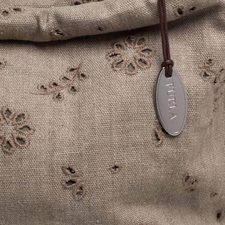 Pre Owned Furla Beige Canvas and Brown Leather Floral Cut Out Shoulder Bag