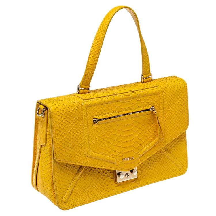 Pre Owned Furla Yellow Python Embossed Leather Alice Top Handle Bag
