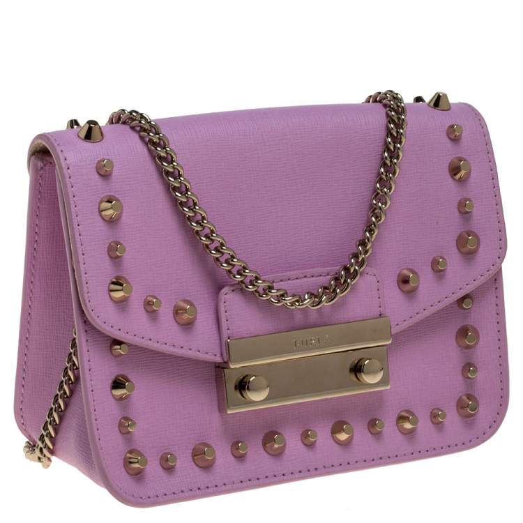 Pre Owned Furla Pink Studded Leather Julia Crossbody Bag