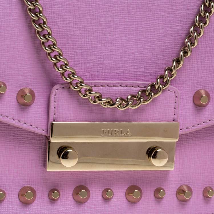 Pre Owned Furla Pink Studded Leather Julia Crossbody Bag