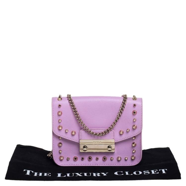 Pre Owned Furla Pink Studded Leather Julia Crossbody Bag