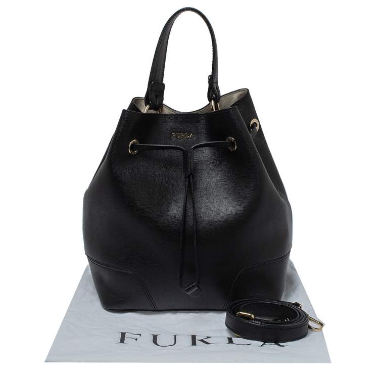 Pre Owned Furla Black Leather Stacy Drawstring Bucket Bag