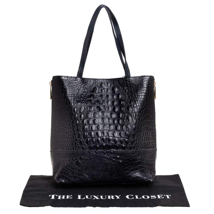 Pre Owned Furla Navy Blue Croc Embossed Leather Side Zip Tote