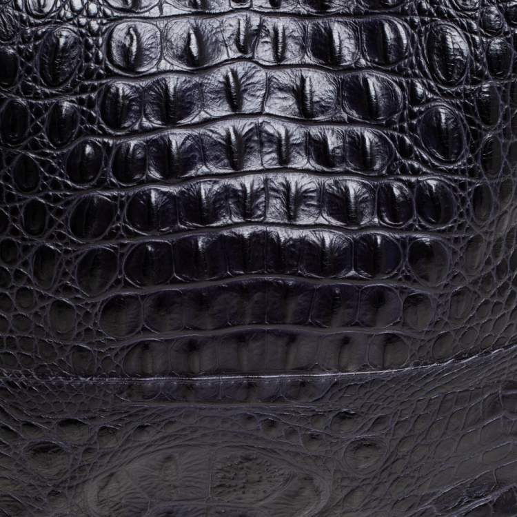 Pre Owned Furla Navy Blue Croc Embossed Leather Side Zip Tote